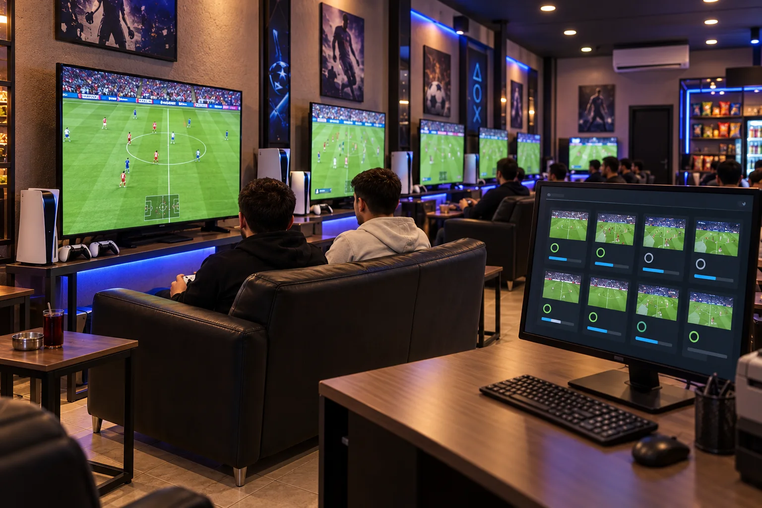 Türkiye’de PlayStation salonunu andıran oyun alanında konsollar, akıllı TV’ler ve merkezi masa yönetim ekranı
