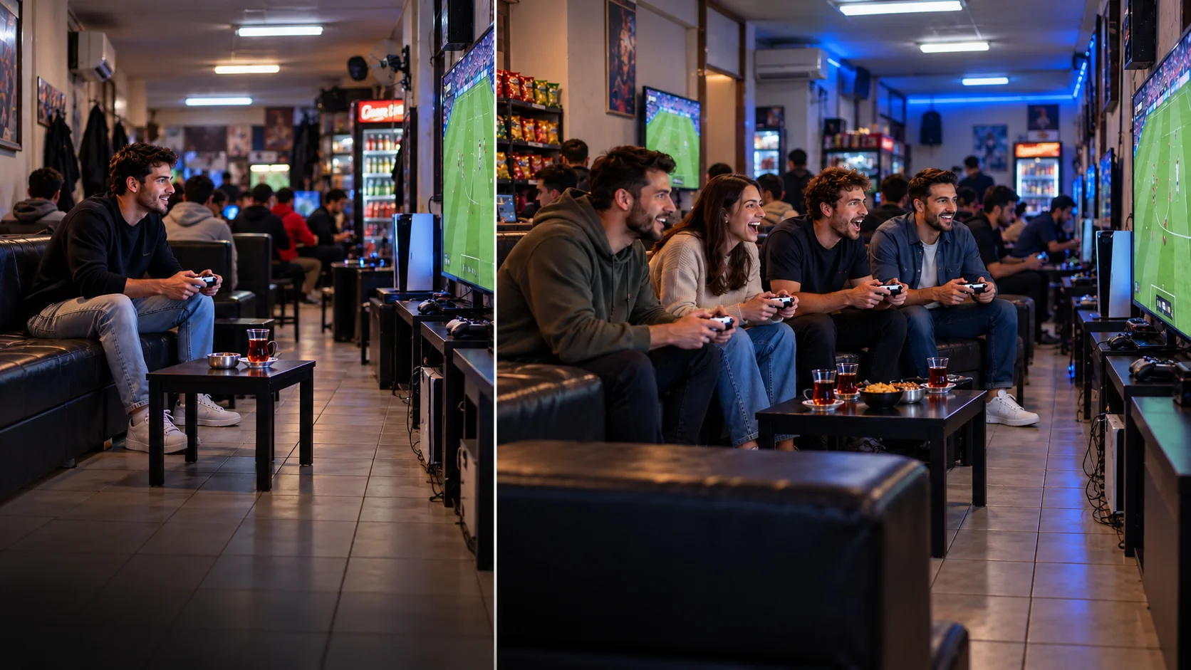 Freundesgruppe spielt gemeinsam an einer Konsole in einem PlayStation-Salon