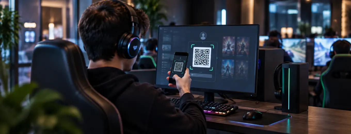 Customer scanning a QR code on a computer screen in an internet cafe