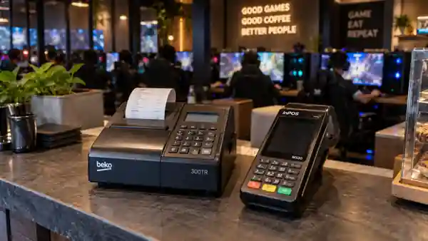 Beko 300TR and inPOS M530 POS terminals on a desk in an internet cafe