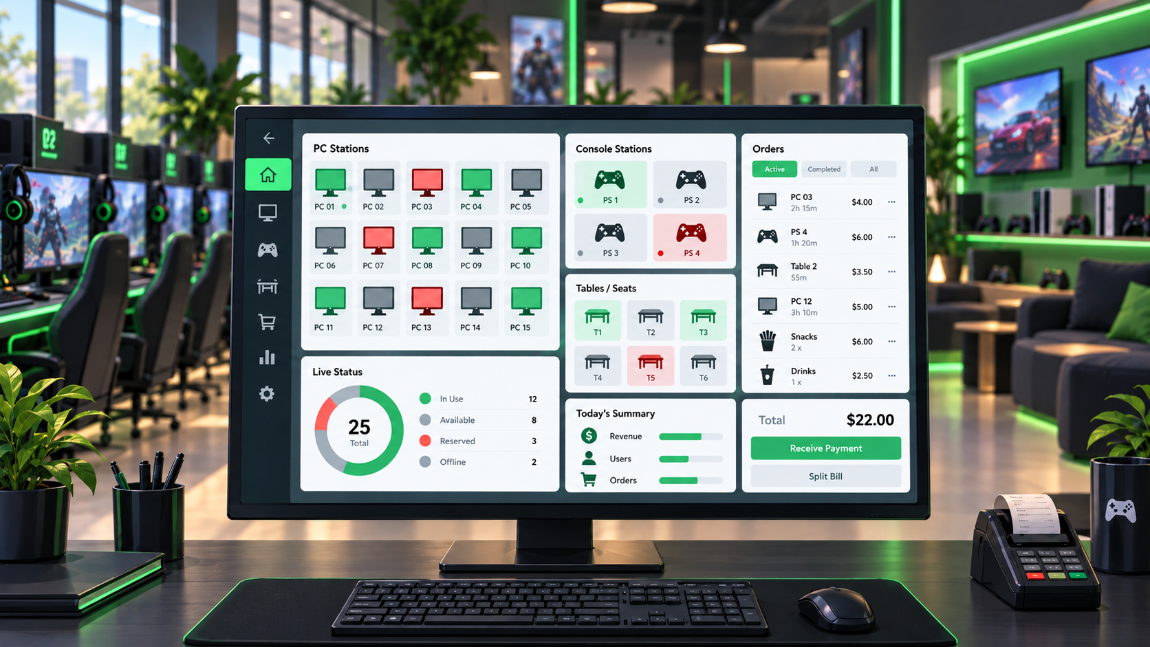PCs, PlayStation tables, and orders managed from one modern internet cafe screen