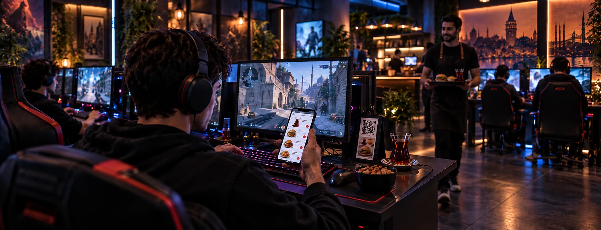 A modern gaming cafe in Istanbul at night