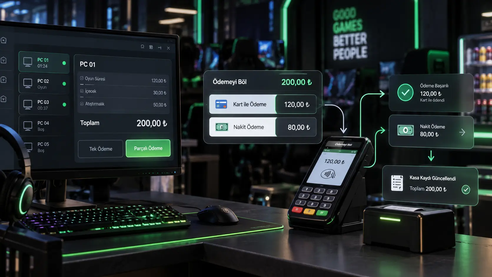 POS system showing a split cash and card payment in an internet cafe
