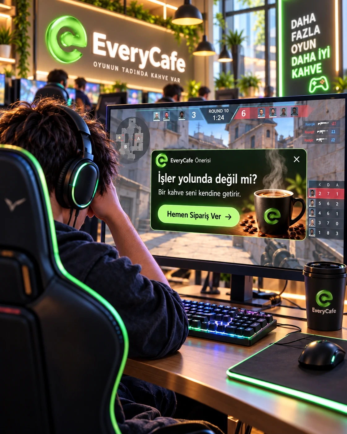 CS2 oynayan müşterinin ekranında EveryCafe kahve önerisini gösteren temsili tanıtım görseli