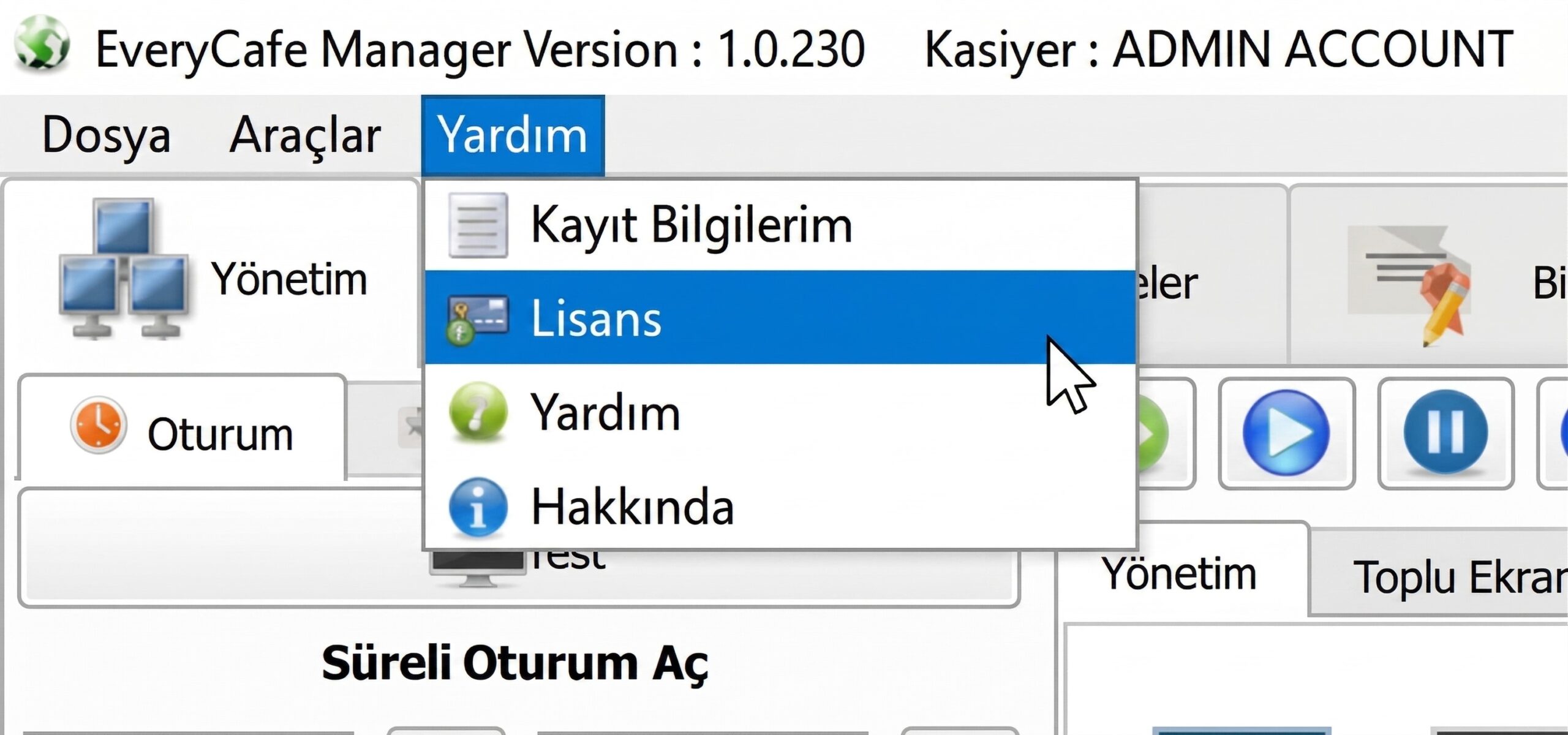 EveryCafe Yardım menüsü altında Lisans seçeneği