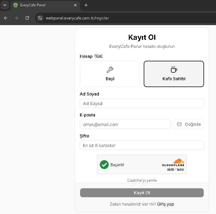 EveryCafe Web Panel kayıt ekranı