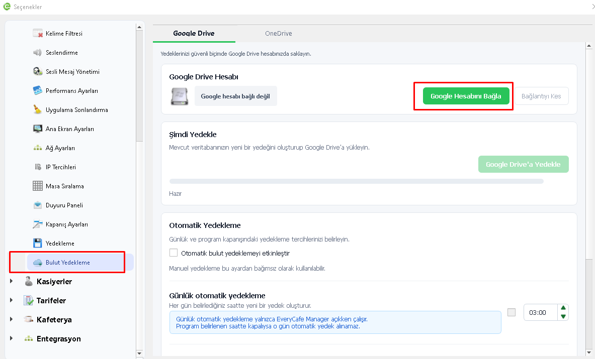 Google Drive Bağlantı Ekranı