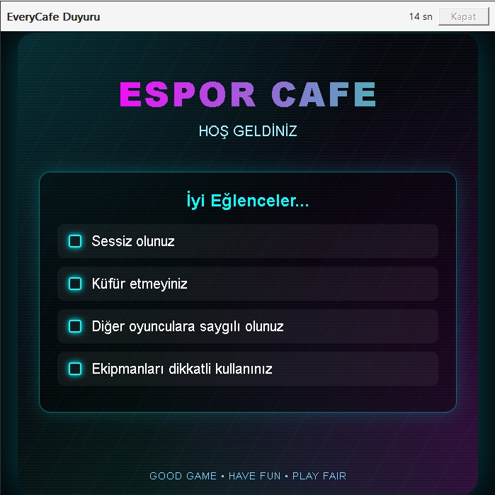 EveryCafe Client Duyuru Önizlemesi