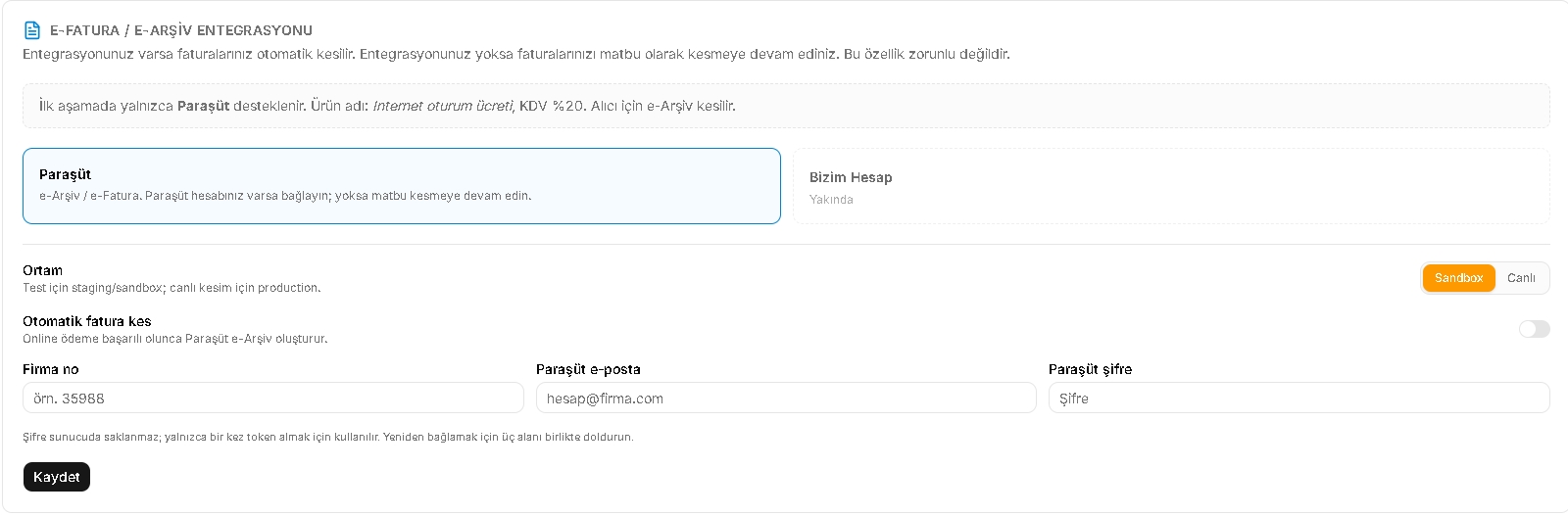 Fatura entegrasyonu ekranı