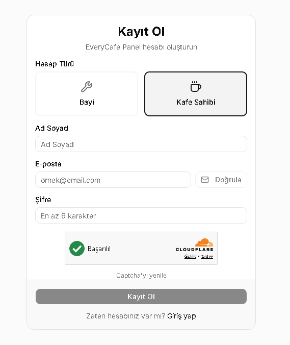 EveryCafe Web Panel kayıt ve kafe ekleme